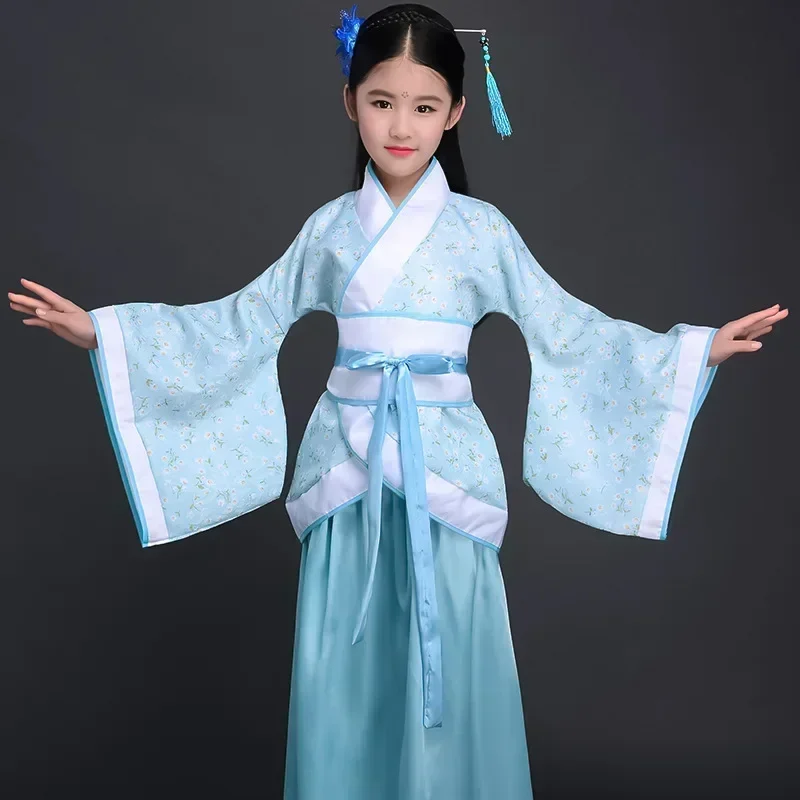 Robe Silk Women - ชุดกิโมโนผ้าไหมจีนสำหรับผู้หญิง ชุดฮันฝูแบบดั้งเดิมสไตล์วินเทจ พร้อมพัดลายชาติพันธุ์ สำหรับนักเรียน นักแสดง หรือการแสดงคณะนักร้องประสานเสียง