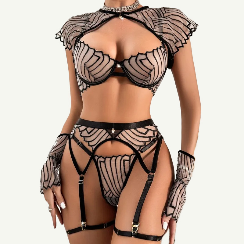 ชุดชั้นในสตรีสีดำ ลายปักเรขาคณ - Garter Belt Set บทวิจารณ์และราคา